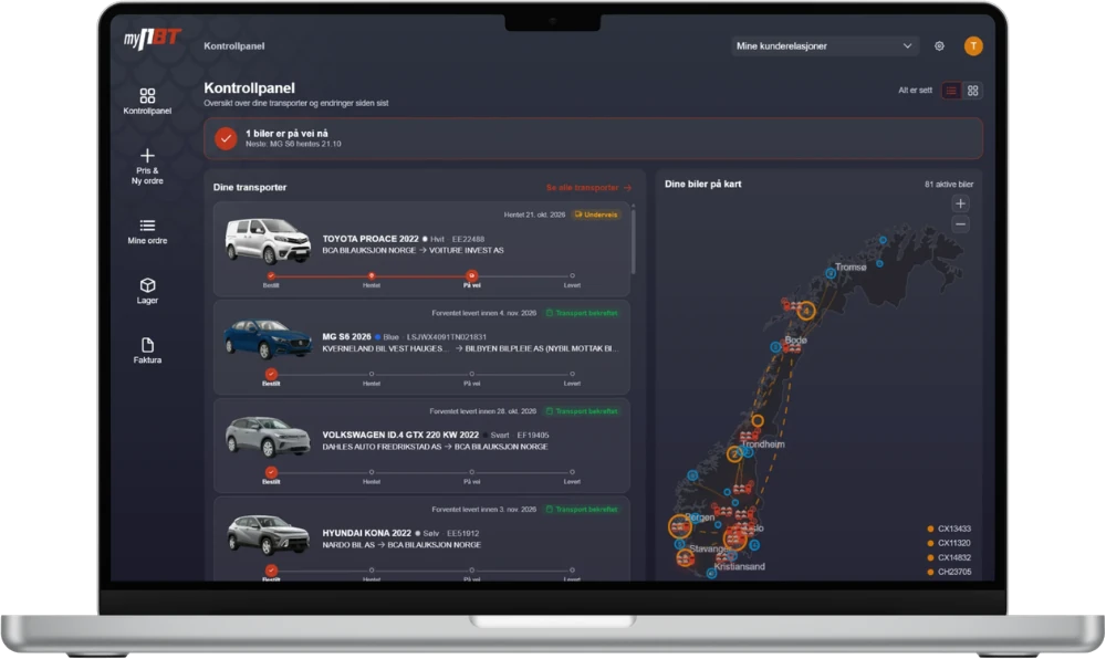 myNBT kundeportal med oversikt over biltransport og bestillinger